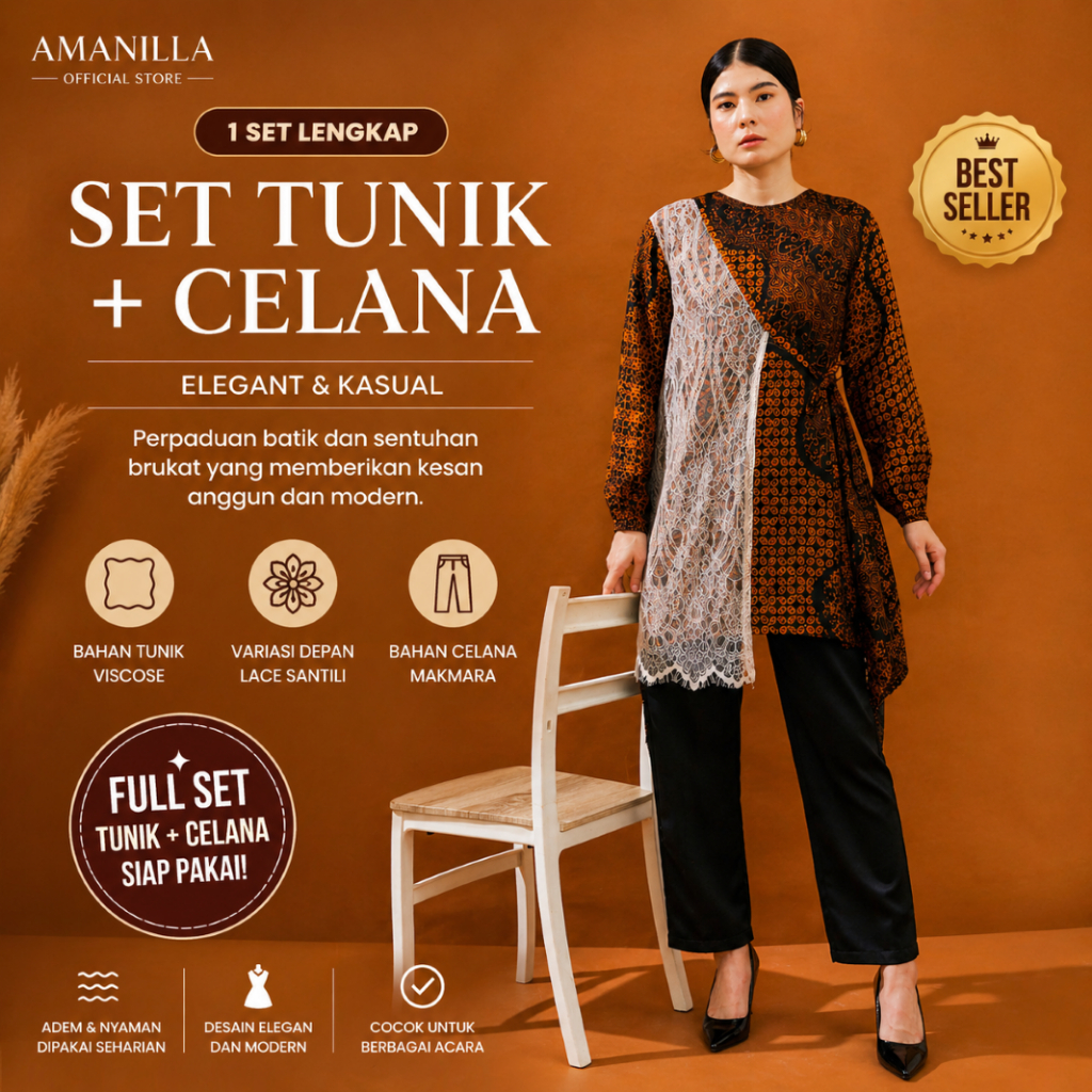 AMANILLA - SET Tunik Batik Kombinasi Brukat + CELANA Panjang Wanita – 1 Set Outfit Elegant Casual (F