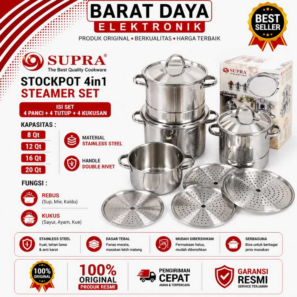Supra Panci Supra Stockpot 4 in 1 Steamer Set 4 [8/12/16/20 Qt] Stainless Steel