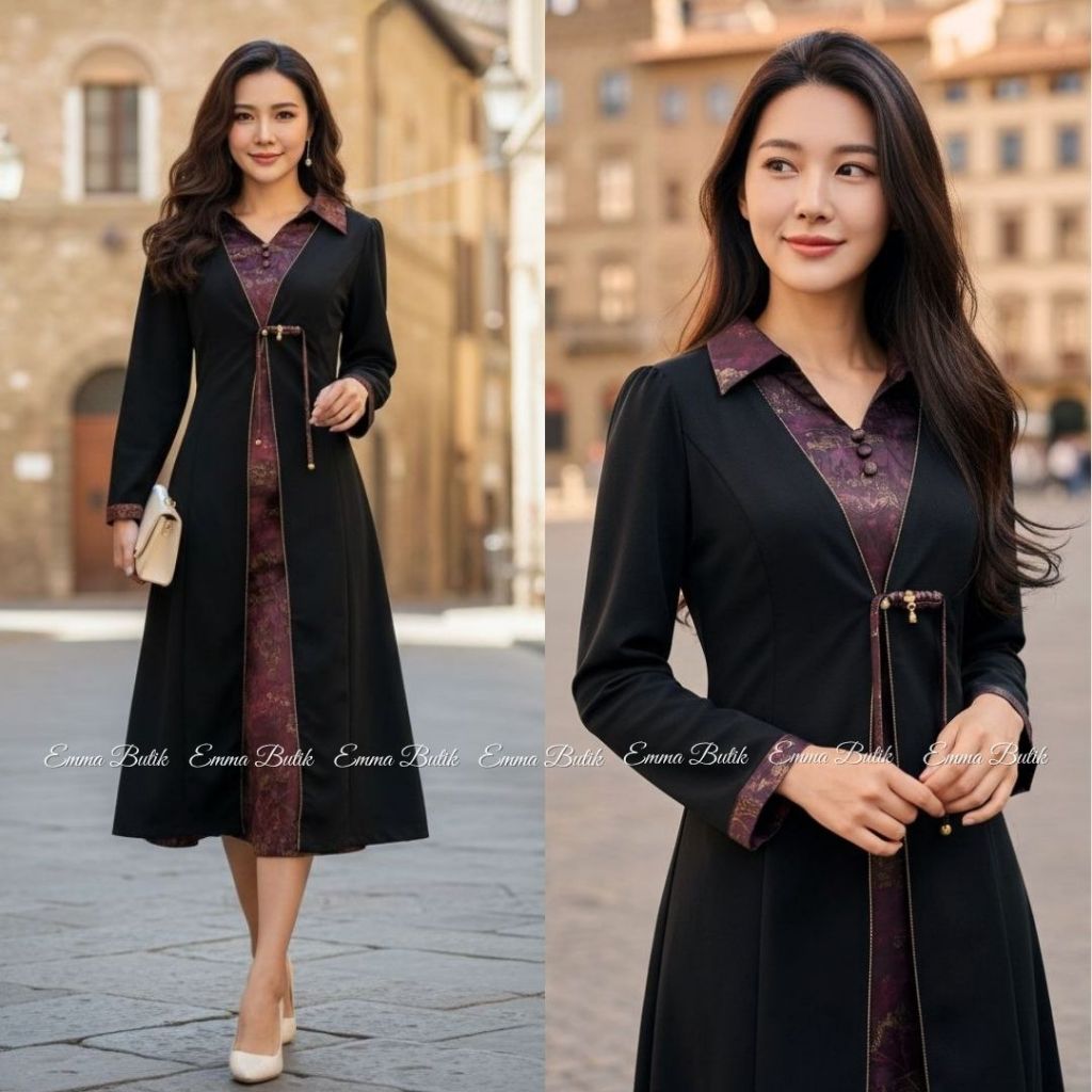Emma.Butik E00800 Gaun Pesta Wanita Dress Midi Hitam Formal Gereja Lengan Panjang Tunik Hijab Friend