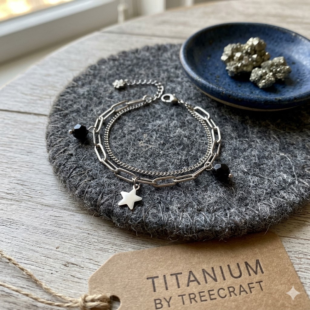 GELANG TITANIUM 2 LAYER BINTANG BATU GIOK