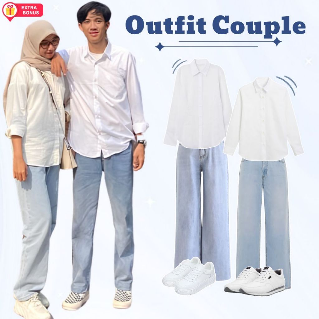 OneSet Couple Celana Kulot Loospant Kemeja Basic Hijab Segi Empat Wanita Kemeja Lengan Panjang Polos
