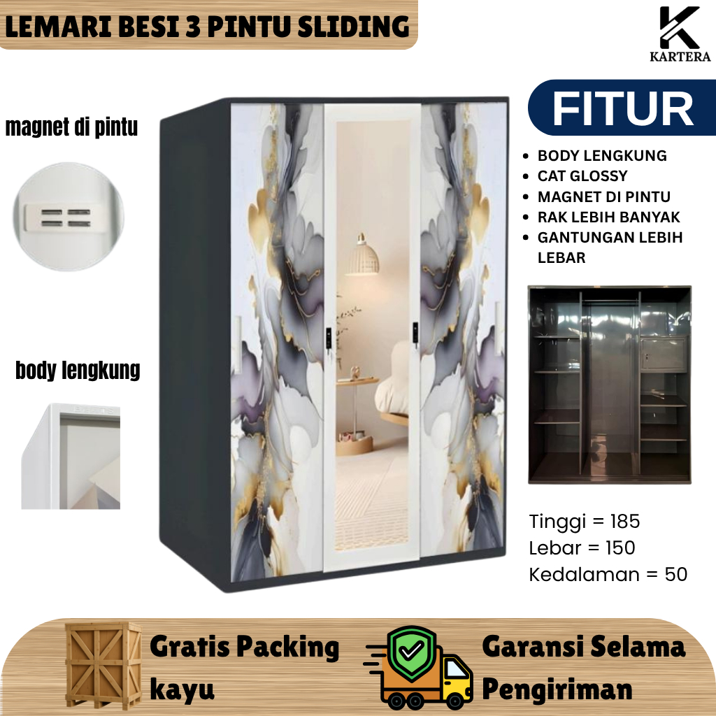 Lemari Baju Besi Sliding - Lemari Baju 3 Pintu - Lemari Baju Besi - Lemari sliding Baju Besi - Lemar