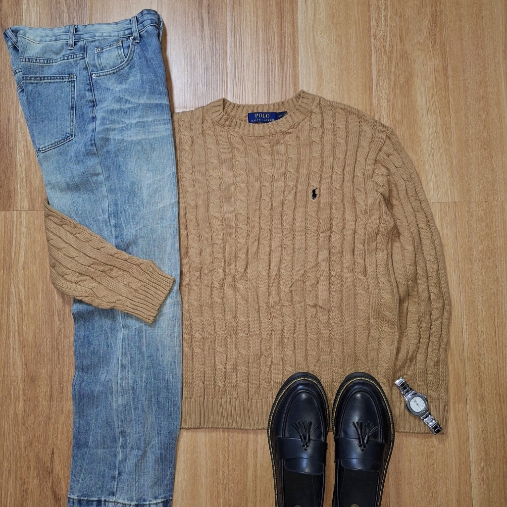 Sweater Cable Knit Polo Ralph Lauren Coklat Pria Wanita Cotton Original