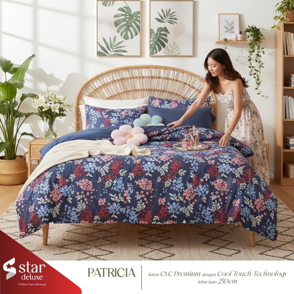 Sprei Katun Lokal STAR DELUXE Halus daun merah biru pink dasar biru PATRICIA anak dewasa unisex, aes
