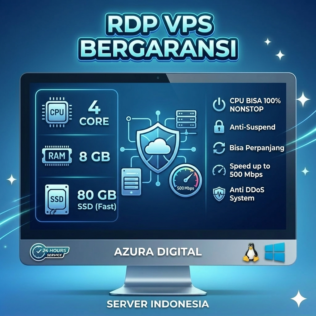 RDP VPS Server Indonesia 8GB RAM 4 Core - 1Bulan Anti Suspend Full Garansi