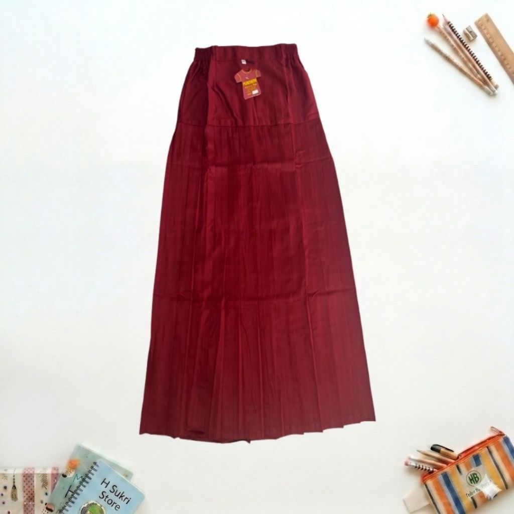 Rok Panjang Purnama Top Rempel SD Merah Maroon Turun Pinggang Bahan Drill Pinggang Karet Plisket Per