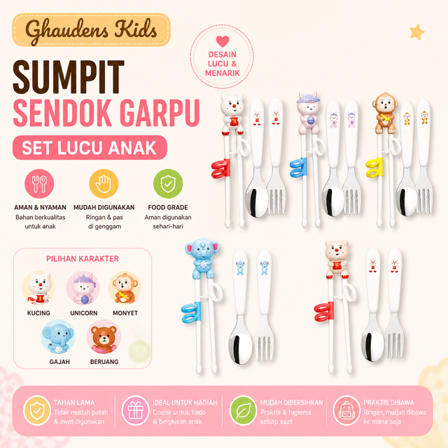 Sumpit Sendok Garpu Set Anak Karakter Hewan Lucu