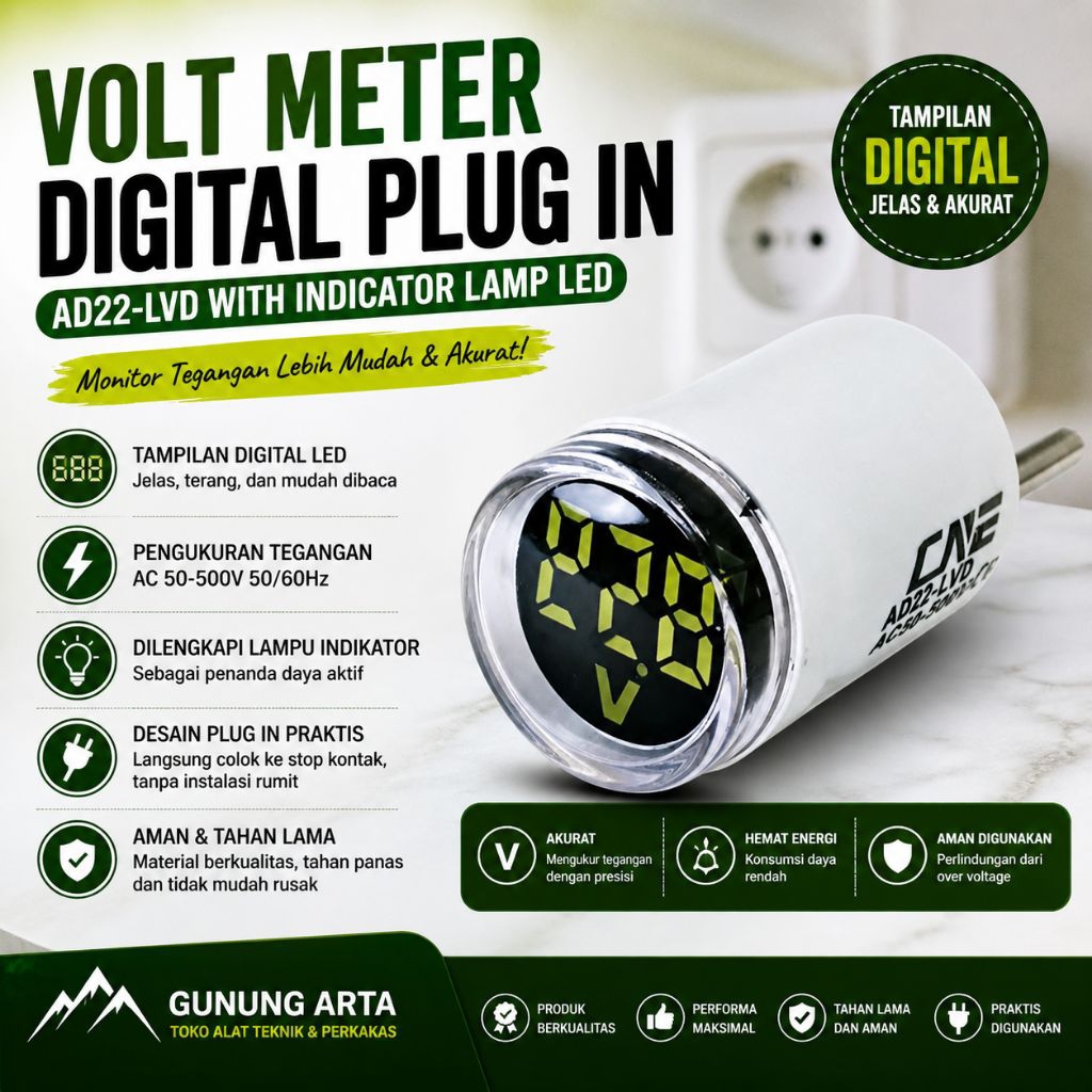 Volt Meter Digital Plug In AD22-LVD LED Bulat Colokan Pengukur Tegangan AC 30-500V