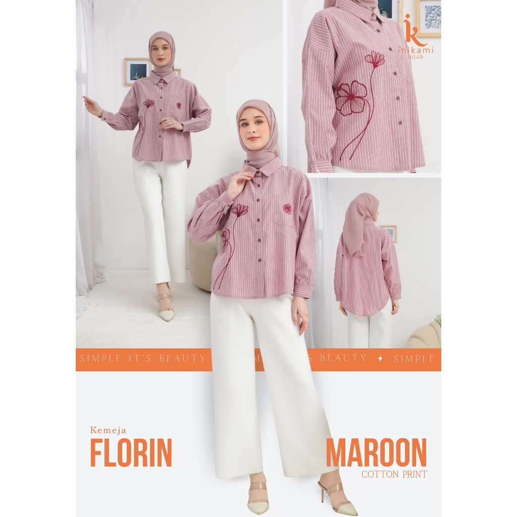 Baju Wanita - Kemeja Florin Salur Oversized Flower Embroidery Maroon By Inikami Hijab