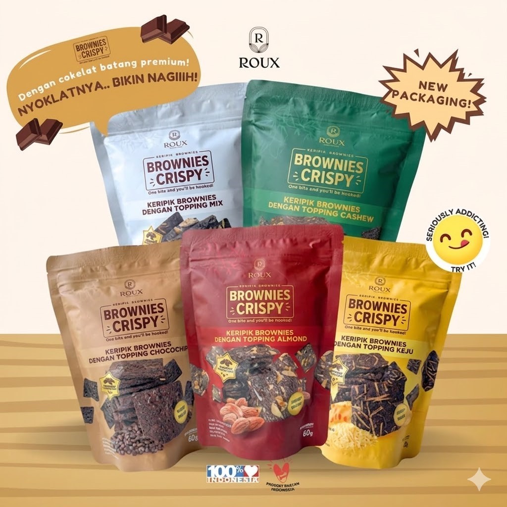 ROUX BROWNIES CRISPY Keripik Brownies Brownies 60g Crispy Kering Topping Almond Cheese Chocochip Cas