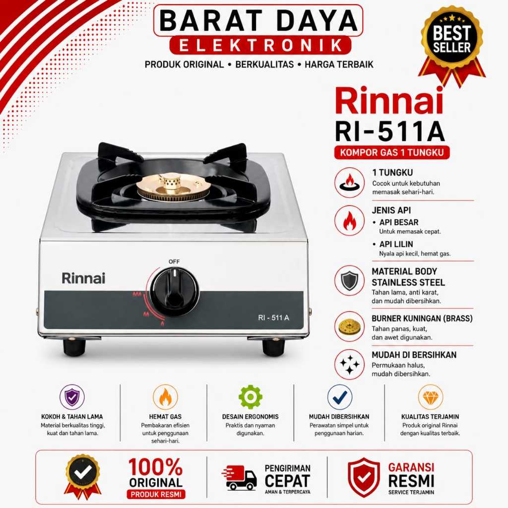 Rinnai Kompor Gas RI 511A Api Lilin Kompor gas Rinnai 1 Tungku