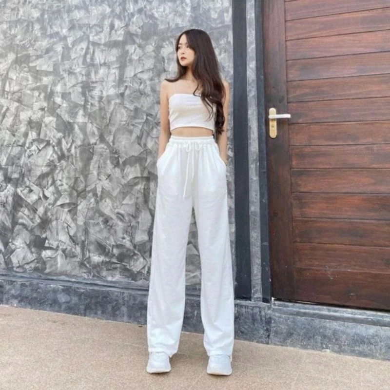 AFaziH Celana Sweatpants Training Highwaist Kulot Panjang Wanita Permium - Putih - M L XL XXL