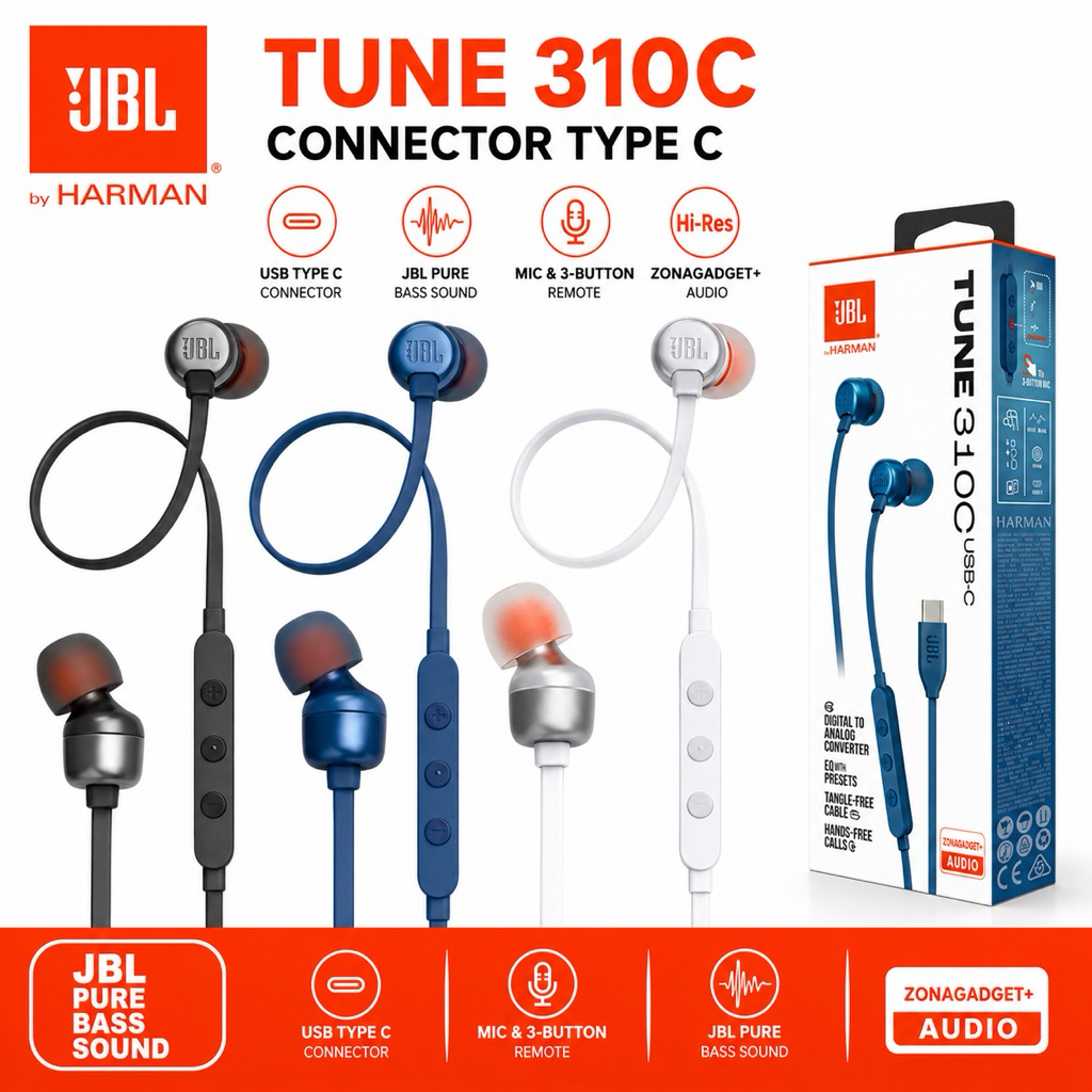 JBL Tune 310C Wired Earphone Type C Original Harman – Super Bass