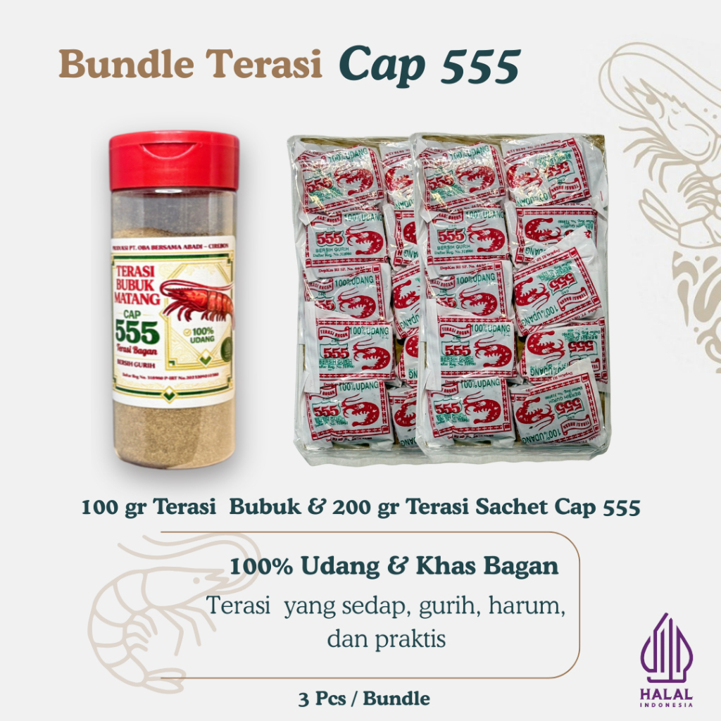 TERASI CAP 555 SACHET 2 PACK (200 gr) + TERASI BUBUK MATANG CAP 555 (100 gr) | Terasi Udang Halal Ba