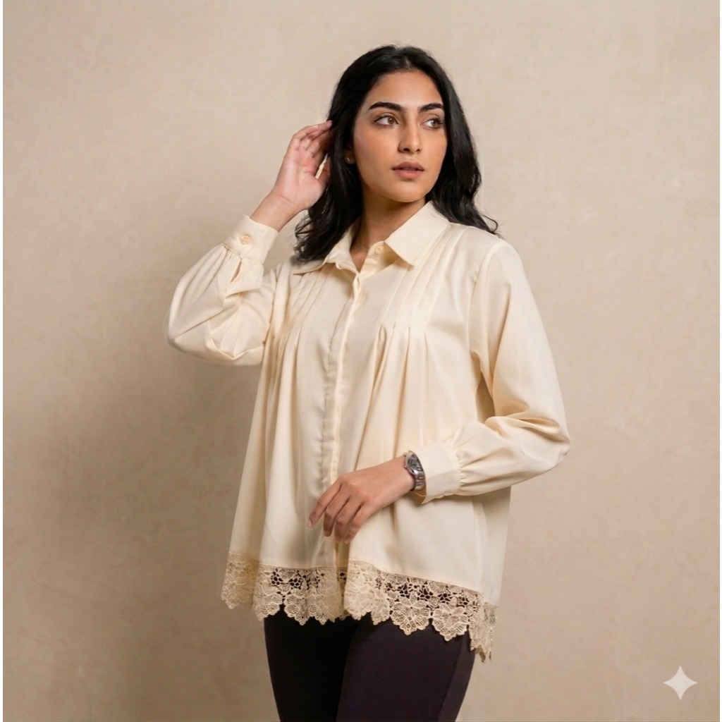 ELMA kemeja variasi renda sabrina anti uv - Blouse Putih butter yellow hitam Wanita Elegan Lengan Pa