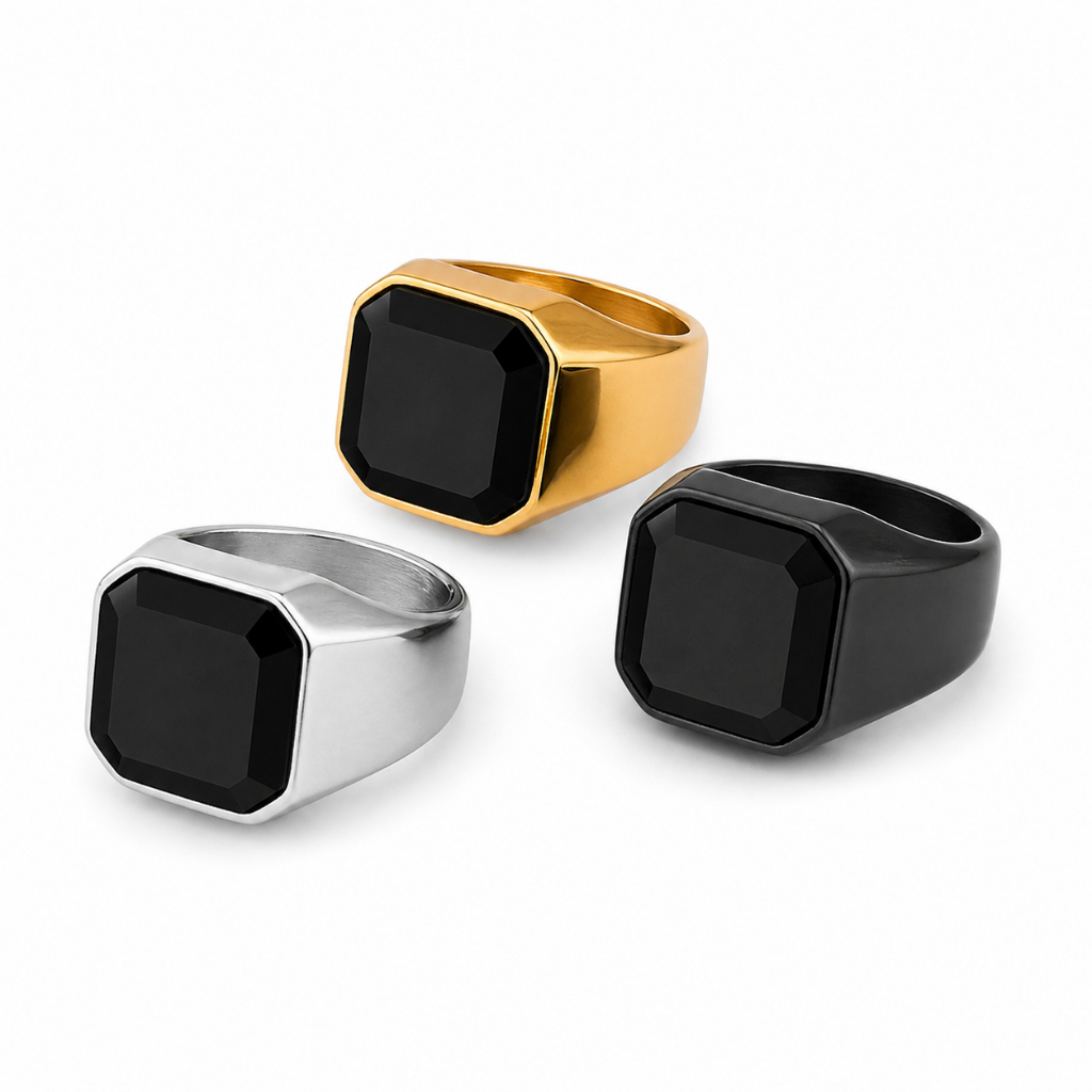 Cincin Pria Black Onyx Titanium Asli Anti Karat Warna Hitam Bentuk Kotak