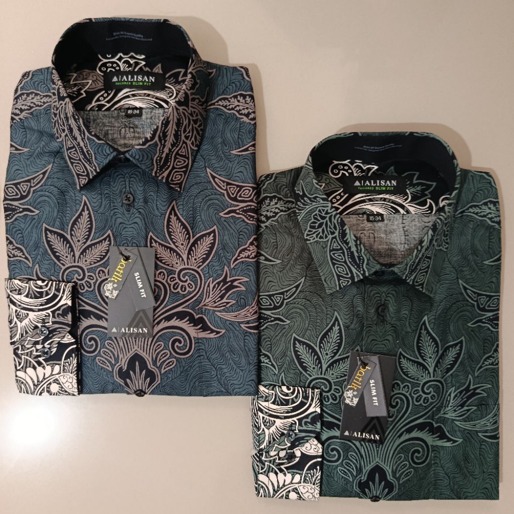 LENGAN PANJANG ALISAN Batik Pria Motif Daun 10859 Abu/Hijau Slimfit