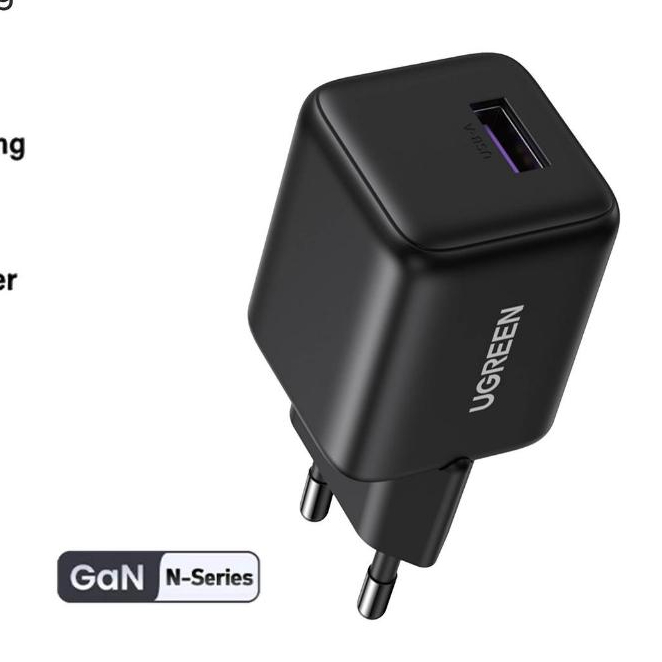 UGREEN 75613 Kepala Adaptor Charger USB A 18W 3A GaN N Series Black Hitam PD Fast Charging Power Del