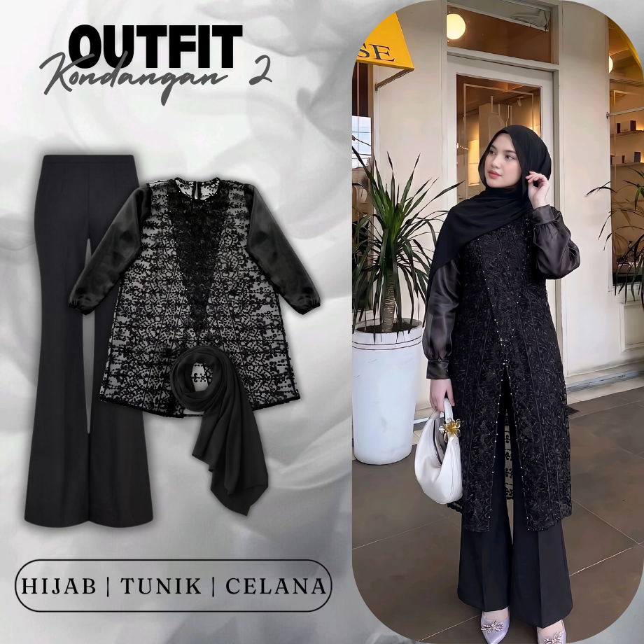 Setelan Kebaya Brukat Hitam Modern Tunik Outer Silang Celana Cutbray Scuba Outfit Kondangan Wanita S