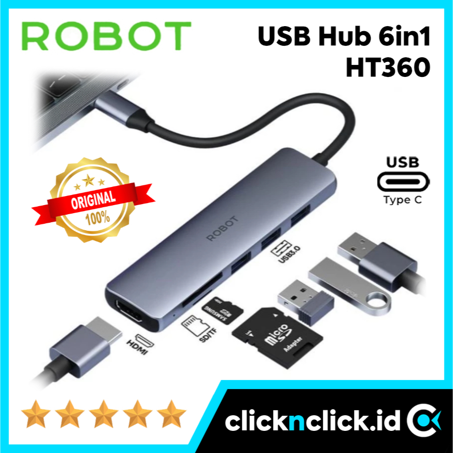 ROBOT HT360 - USB Hub 6in1 USB Type C to HDMI + Micro SD TF + SD Card + 3x Port USB 3.0 Card Reader 