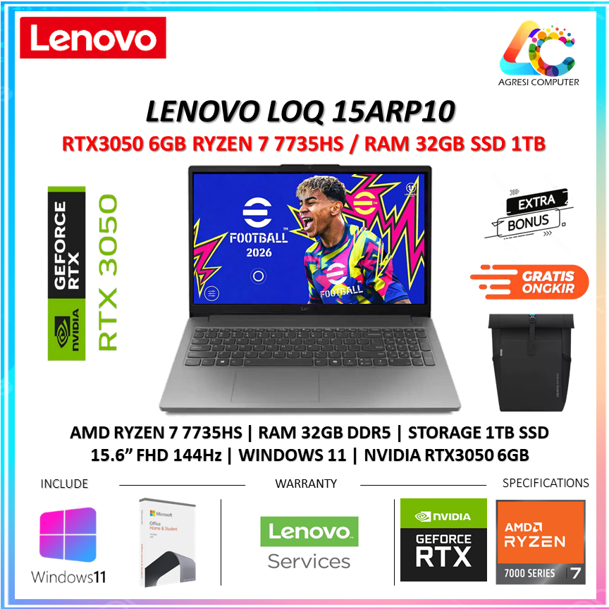 Lenovo LOQ 15ARP10E Ryzen 7-7735HS RTX3050 6GB/ 32GB 1TB 15.6" FHD 144HZ 100Srgb Blit Win11+OHS