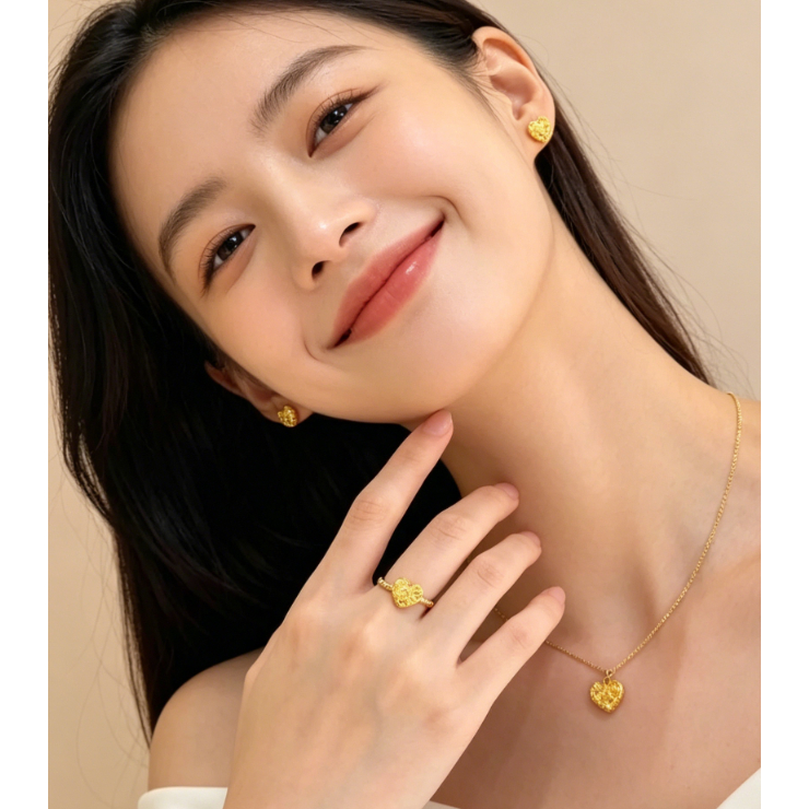 set cincin kalung gelang Set Kalung Leher Hati Kilap Emas + Gelang Tangan + Cincin tidak pernah puda