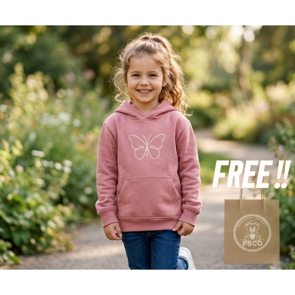 (BISA COD) HOODIE SWEATER ANAK PEREMPUAN HM PINK/Hoodie anak Perempuan lucu gambar kupu kupu (FREE P