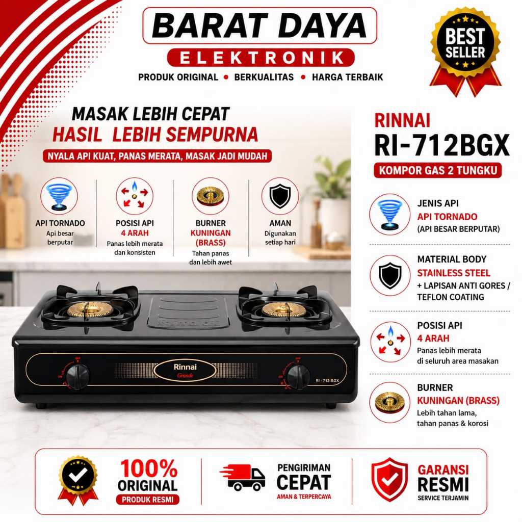 Kompor Gas Rinnai Api Tornado Kompor Gas 2 Tungku RI-712 BGX Api Tornado