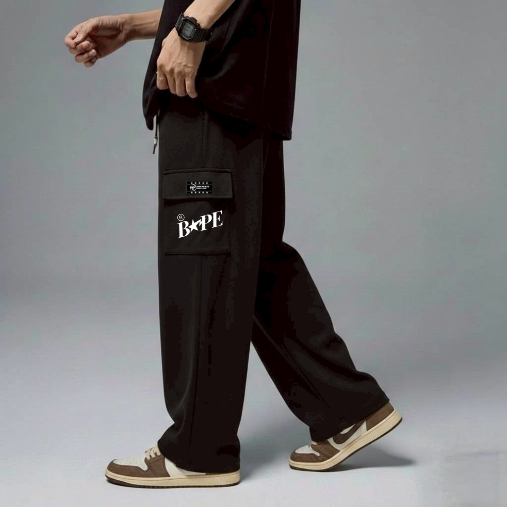 Celana Cargo Pria Korean Style - Nyaman Dipakai, Warna Hitam Sablon Bape Terbaru Pinggang Karet Orig