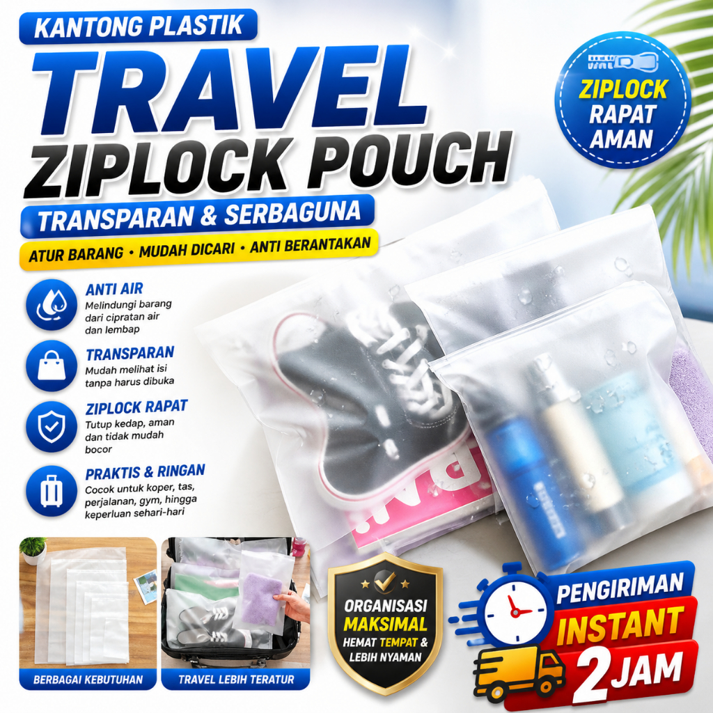 Kantong Plastik Travel Ziplock Pouch Transparan Organizer Pakaian & Alat Mandi