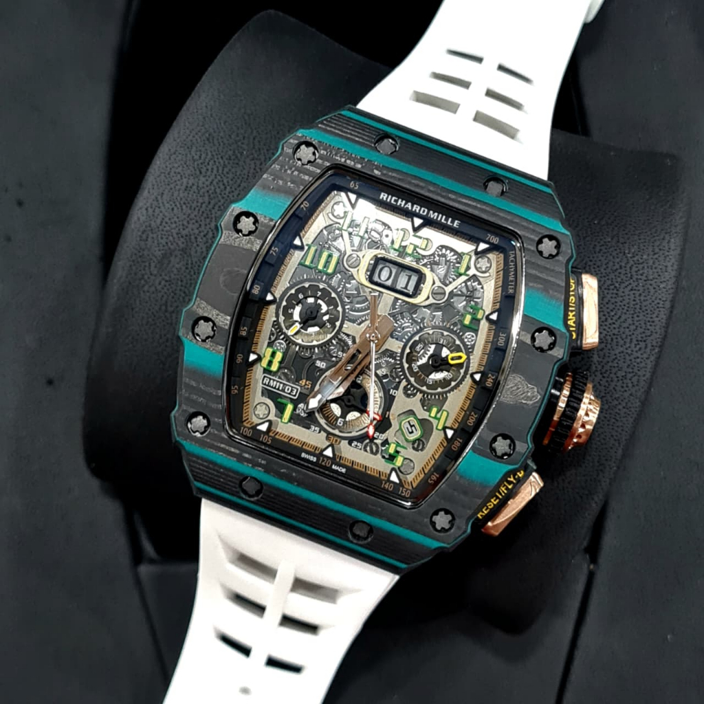 Jam tangan pria luxury model kotak SWISS RM 11-03 turquoise and black Carbon case Automatic
