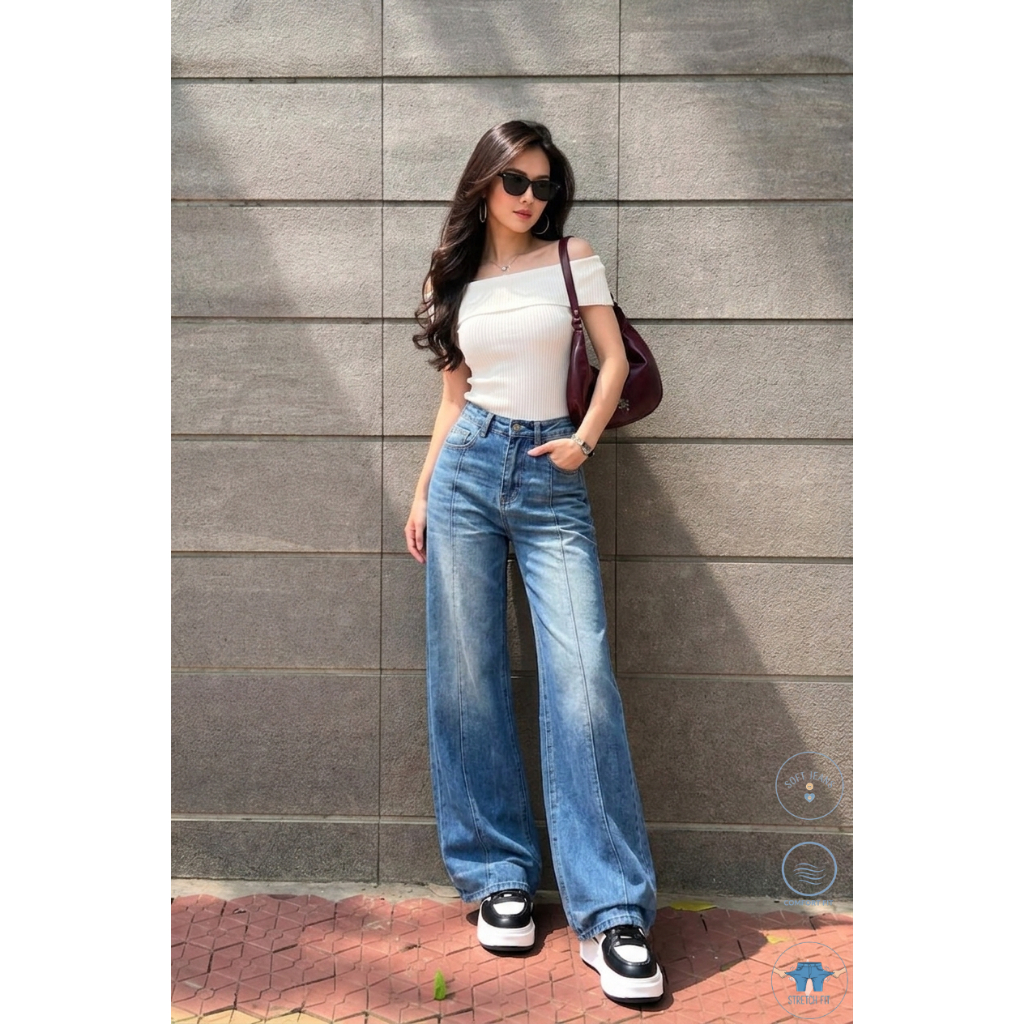 Celana Jeans Lurus Longgar Tulang hitam Wanita highwaist kulot jeans wanita korean style Celana panj