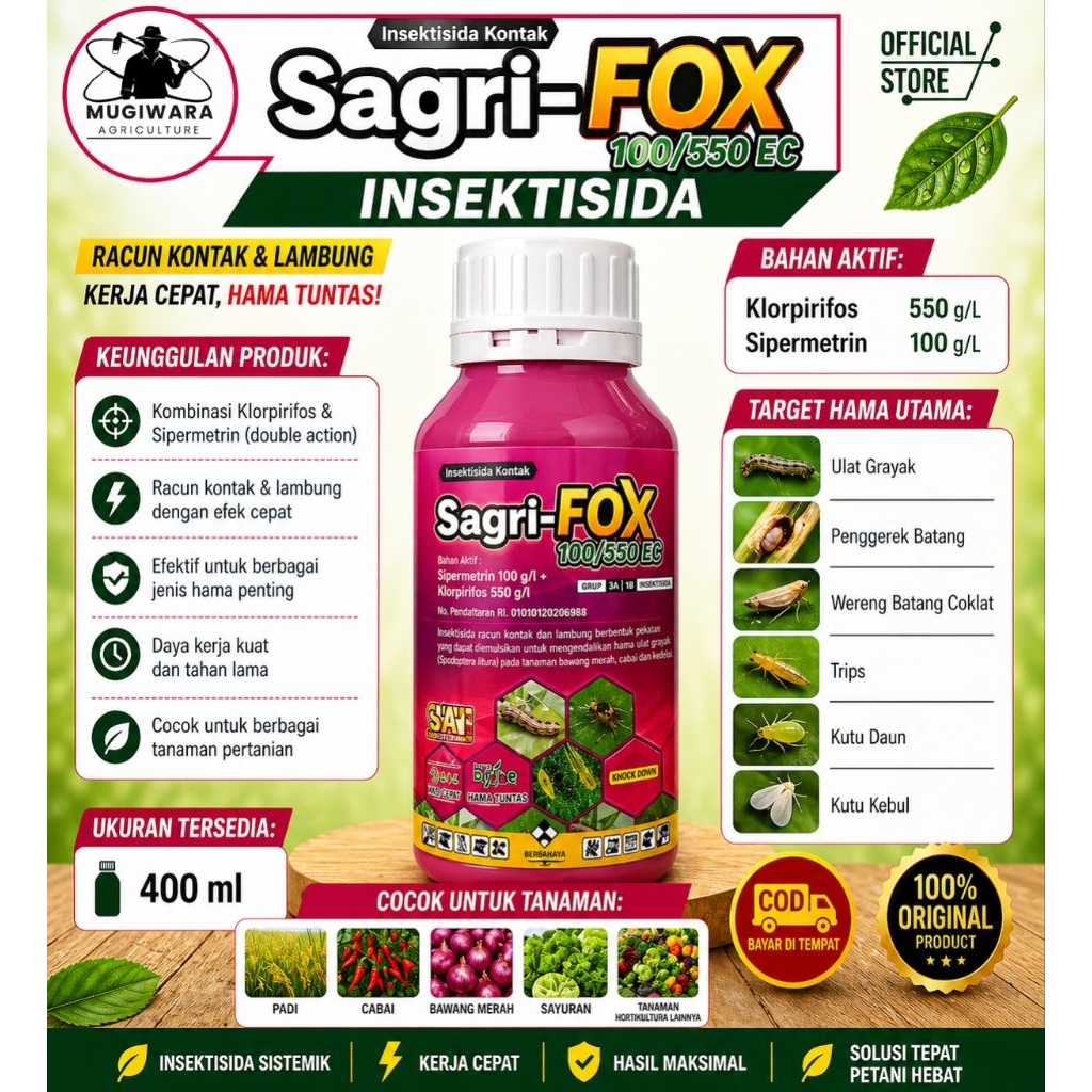 Insektisida Sagri-Fox 400ml Ampuh Basmi Ulat, Wereng & Hama Daun – Obat Hama Padi Cabai Kontak Lambu