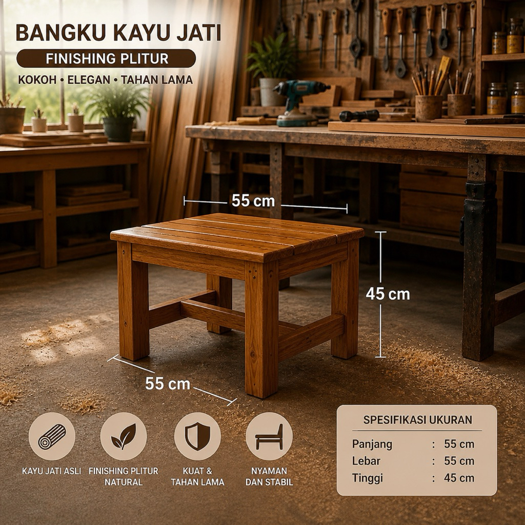 Kursi teras Panjang tanpa sandaran bahan kayu jati sudah plituran