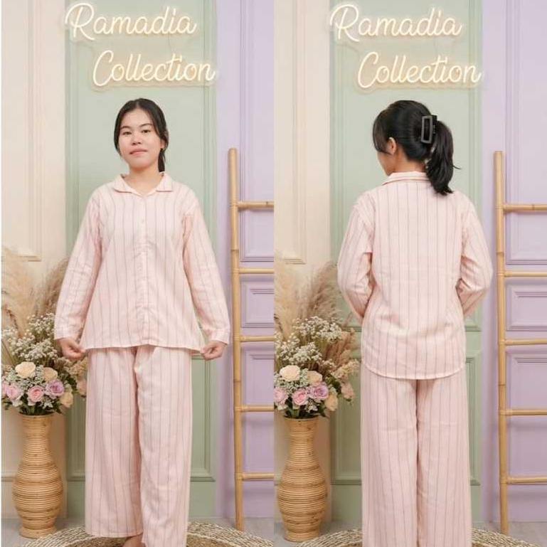 One set salur wanita kekinian oneset salur kemeja setelan garis bahan katun setelan motif garis wani