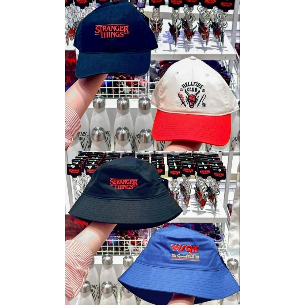 Topi Baseball Hat Stranger Things Hitam / Putih, Topi Bucket Hat Stranger Things Miniso x Stranger T