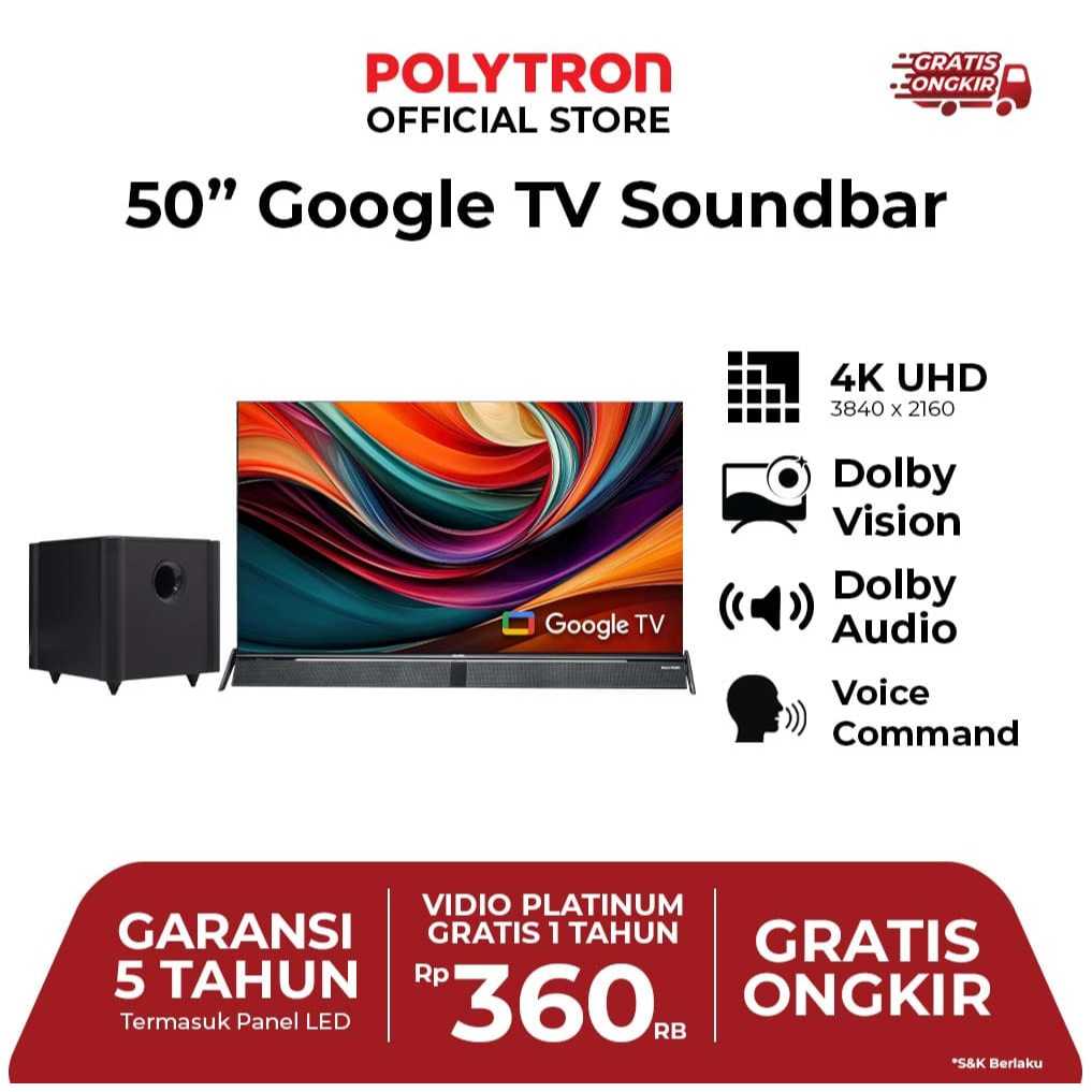 TV LED Polytron 50 Inch / 55 Inch Series 50BUG/55BUG Google TV Soundbar dan Subwoofer - Garansi Resm