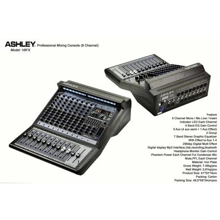 Mixer Audio Ashley V8 Fx Usb Bluetooth Original Mixing 8 Channel V8fx 5aux 256 dsp