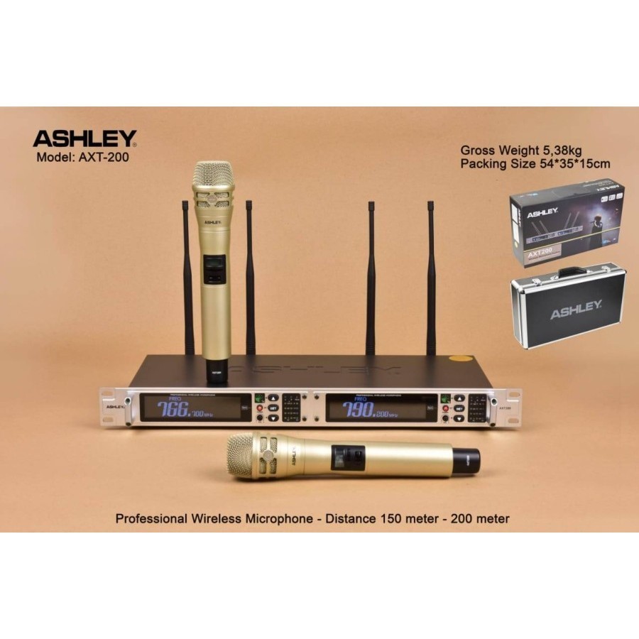 MICROPHONE WIRELESS ASHLEY AXT 200 MIC WIRELESS ASHLEY AXT-200 ORIGINAL ASHLEY UHF 2 MIC PP