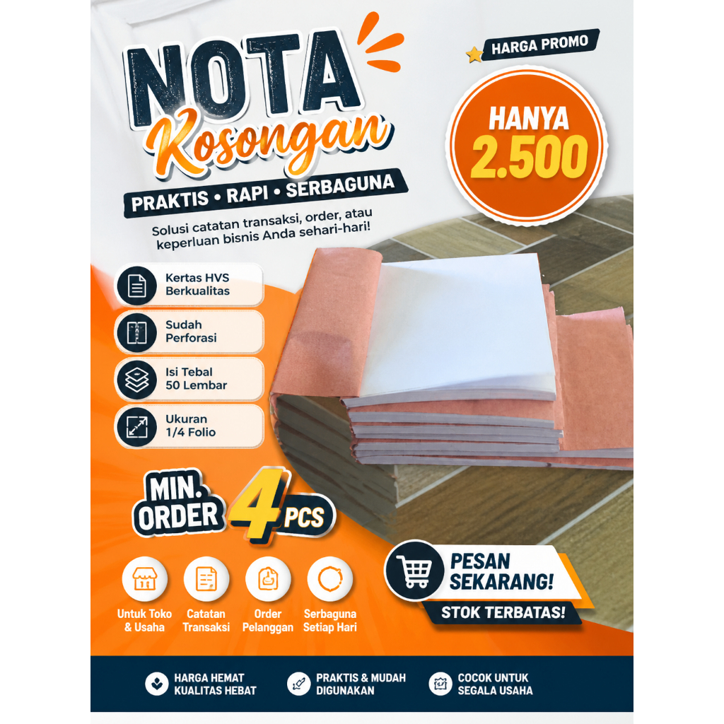 Nota kosongan ukuran 1/4 Folio untuk toko & usaha, catatan transaksi, dan catatan serbaguna.