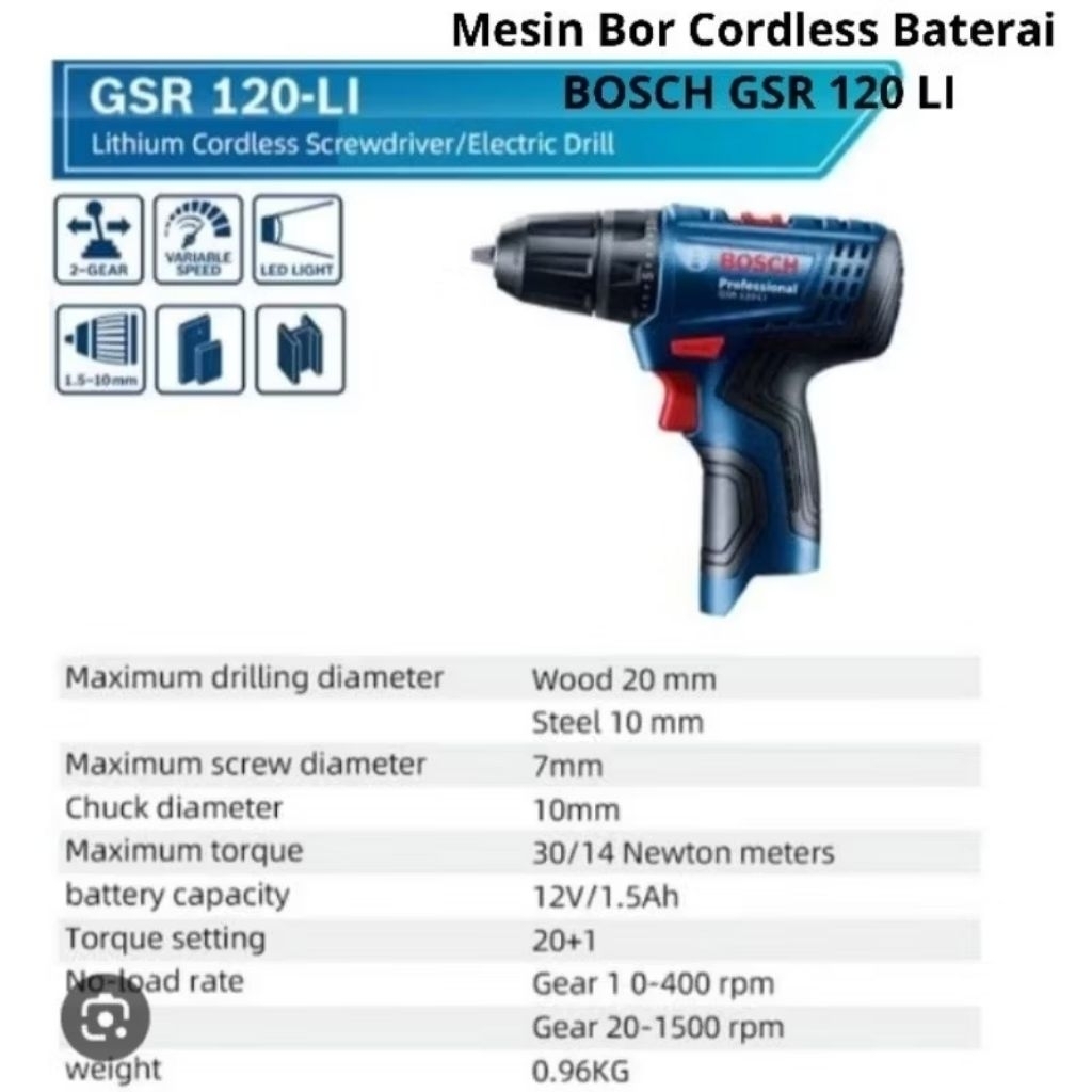 Mesin Bor Cordless Baterai 12V BOS GSR 120 LI ASLI ORIGINAL BOS/Mesin Bor Baterai 12V BOS