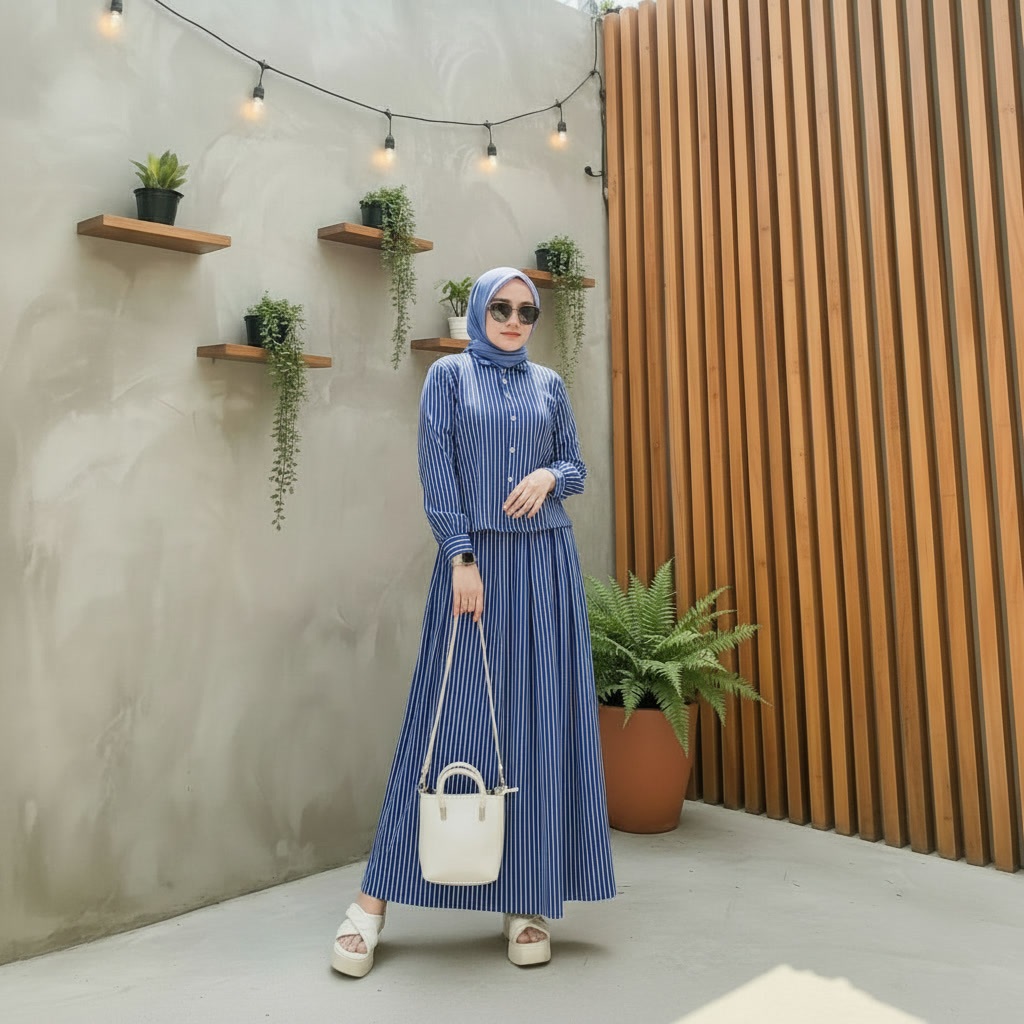 One Set Salur Wanita Premium Katun Adem Rok A-Line dan Kemeja Crop Lengan Panjang Muslimah Kekinian