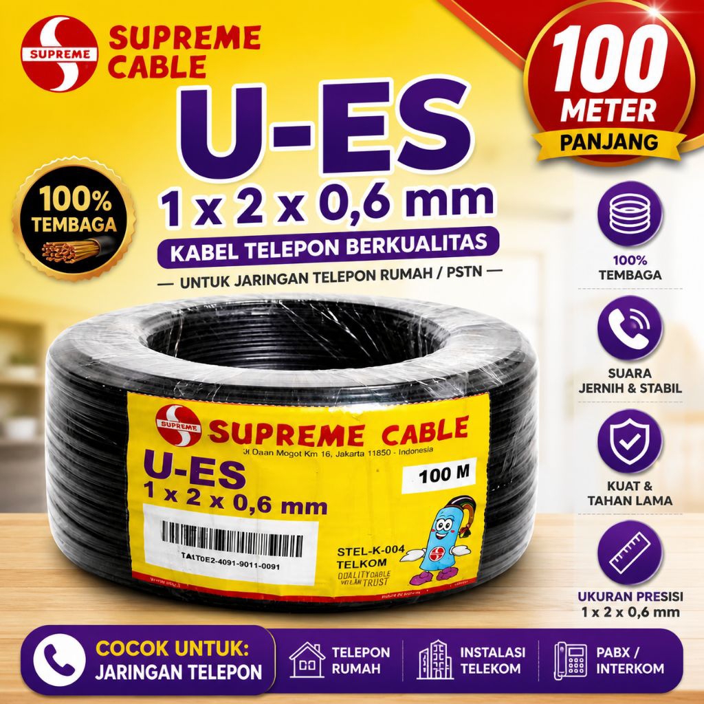 Kabel Telepon Isi 3 1 Roll 100M Supreme Drop Wire Telkom 1x2x0,6mm Hitam SNI Outdoor Tahan Cuaca