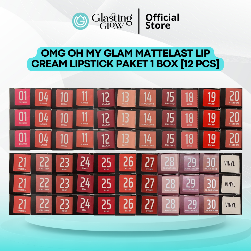 OMG Oh My Glam Mattelast Lip Cream/Lipstick Paket 1 Box Isi 12 PCS | Tahan Lama/Lusin (OMG LUSINAN)