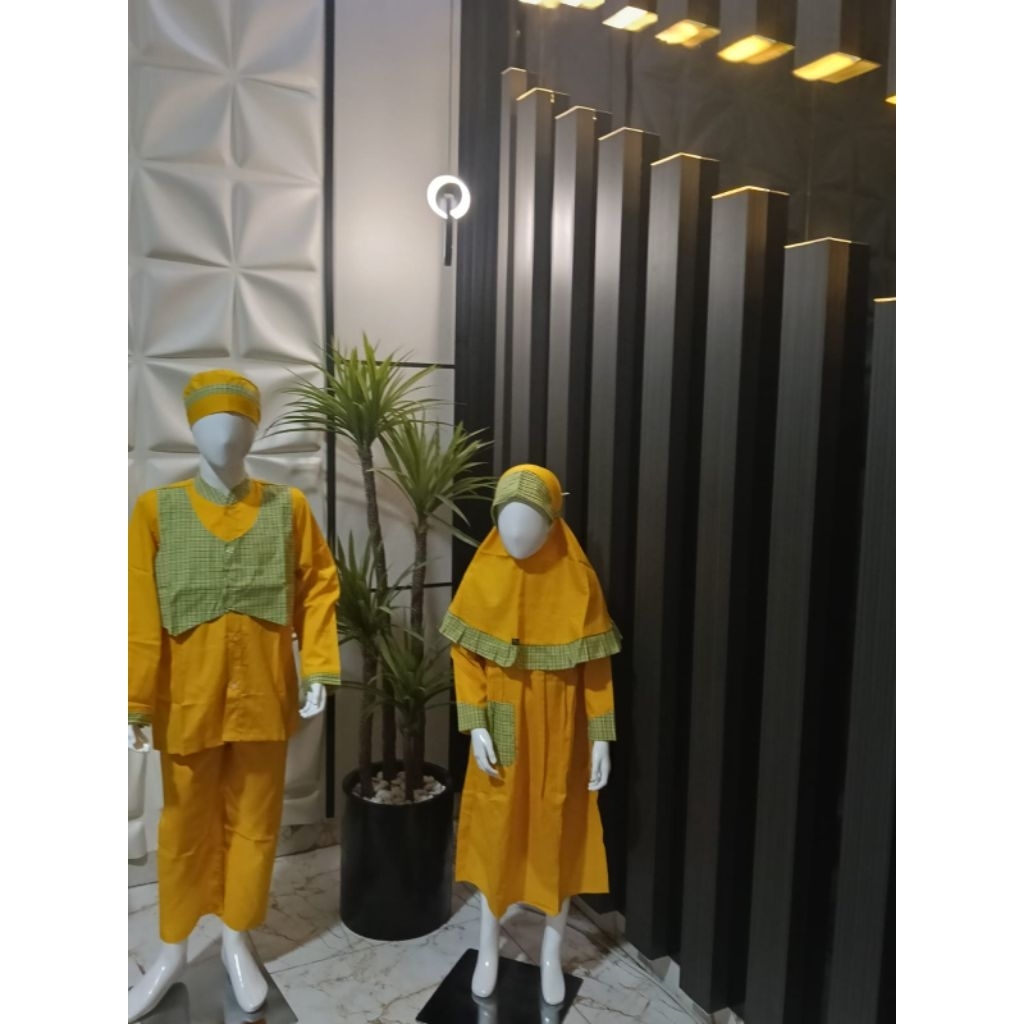 Seragam Anak TK/PAUD Muslim Gamis /Koko Kuning Rompi Kotak Hijau