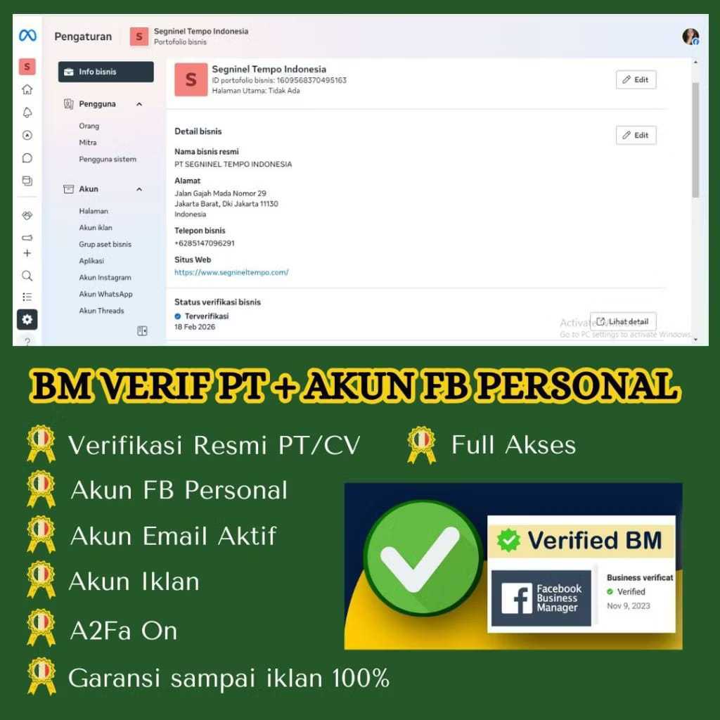 BM (BUSINESS MANAGER) VERIF RESMI PT + AKUN FACEBOOK SIAP IKLAN + AKUN IG 100 FOLL