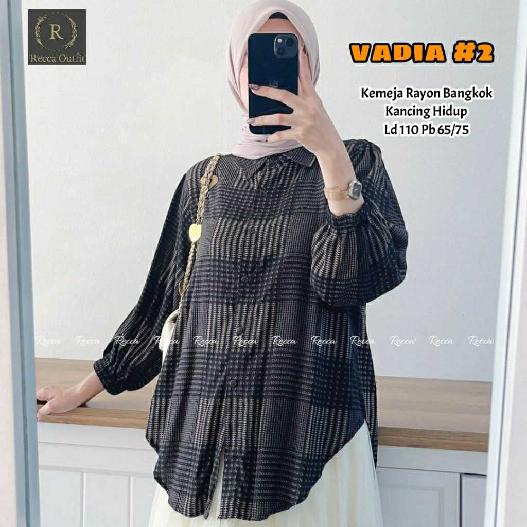 Vadia set blouse elegan motif kotak/kemeja casual wanita/rayon bangkok import/Ld 110 cm