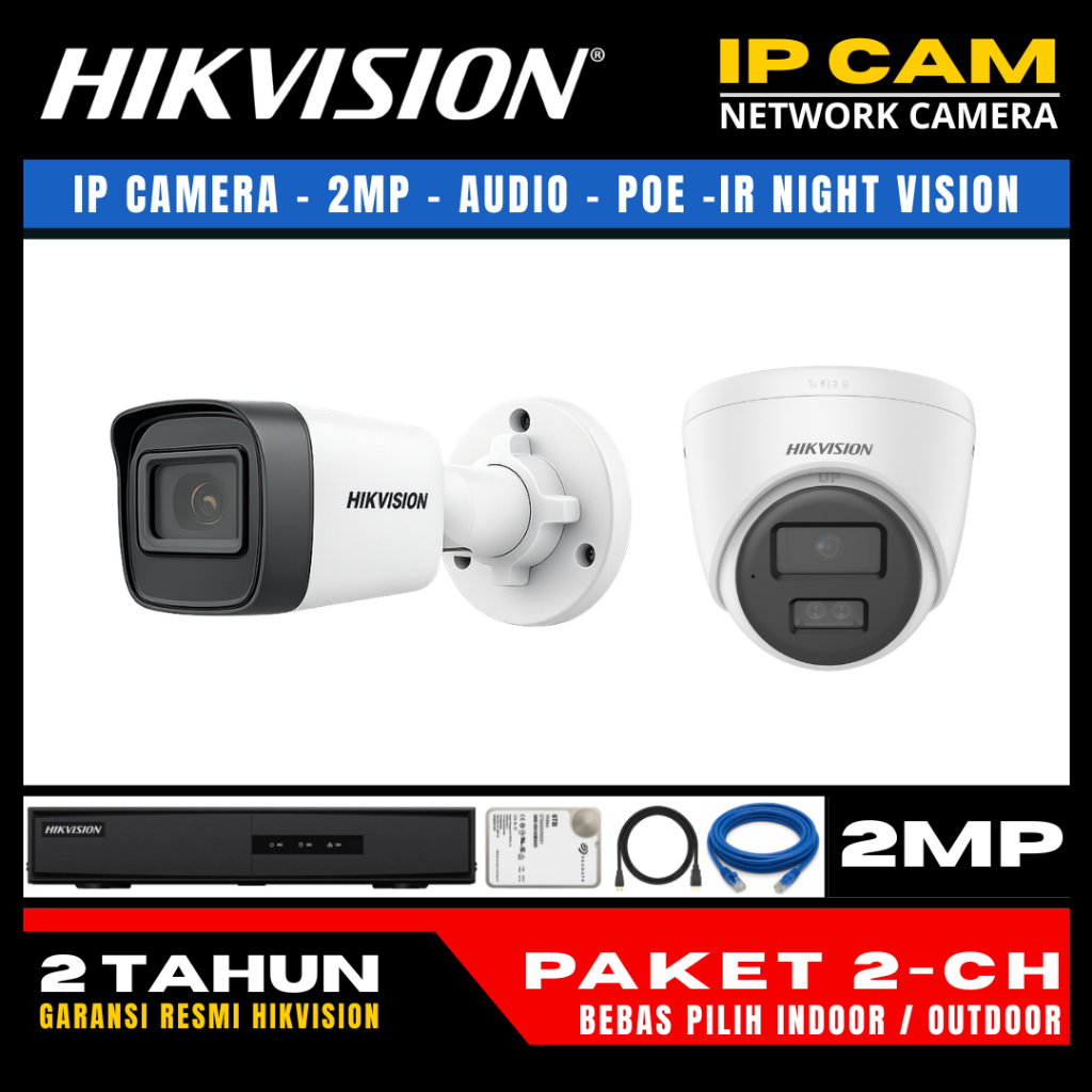 paket cctv hikvision ip camera 2mp audio 4 channel 2 kamera ip camera cctv