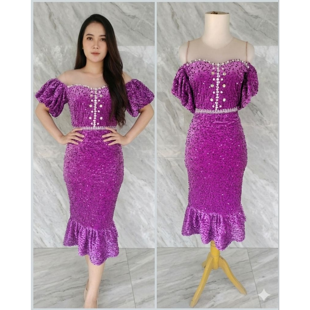 baju penyanyi dress pesta motif mutiara warna lilac muda LD 90 - 110