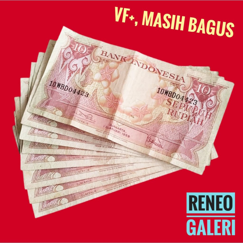 VF+ 10 Rupiah Seri Bunga Tahun 1959 Rp unggas burung uang kertas kuno Indonesia duit Jadu lawas lama